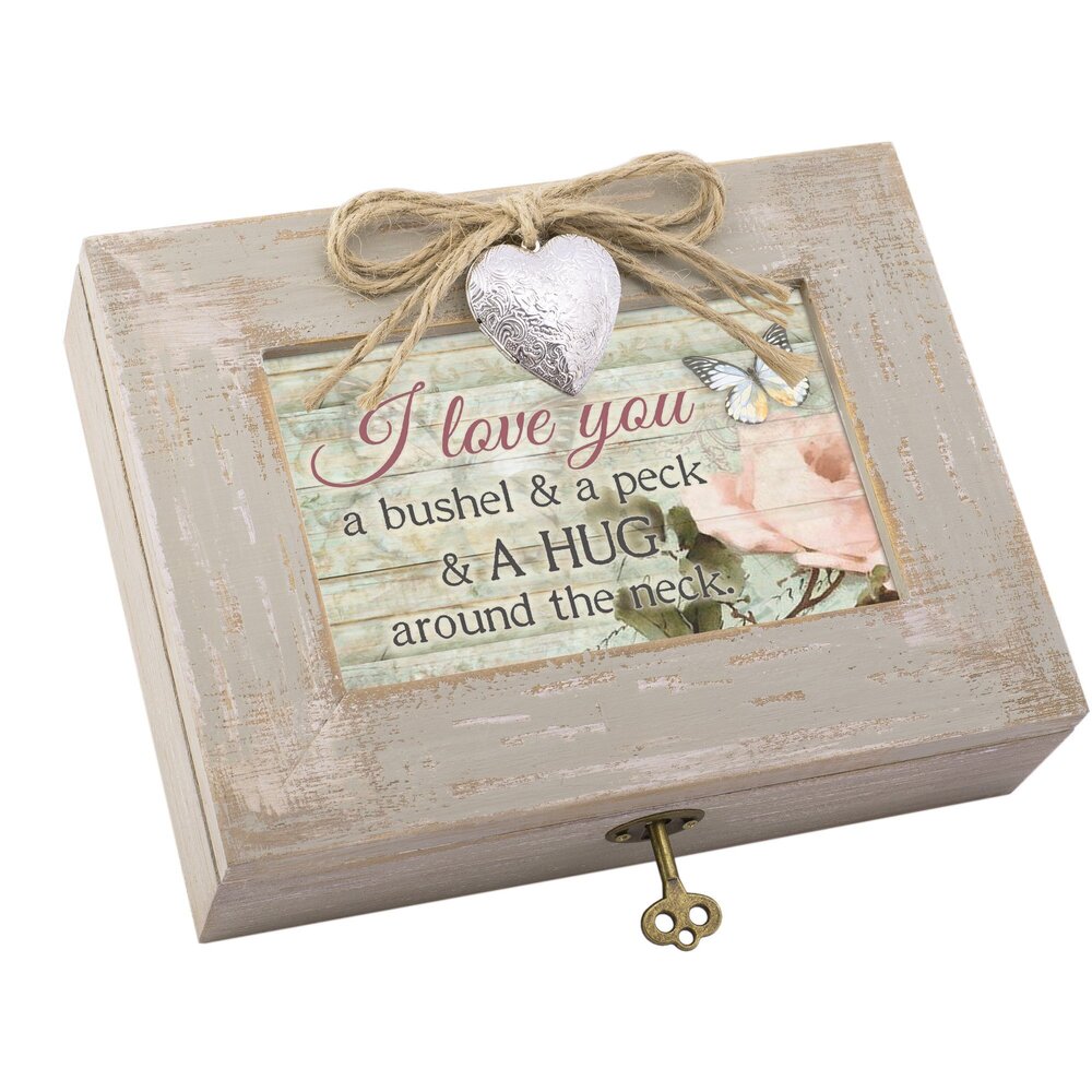 3008 Love You A Bushel Peck Hug Neck Natural Taupe Wood Locket Music Box